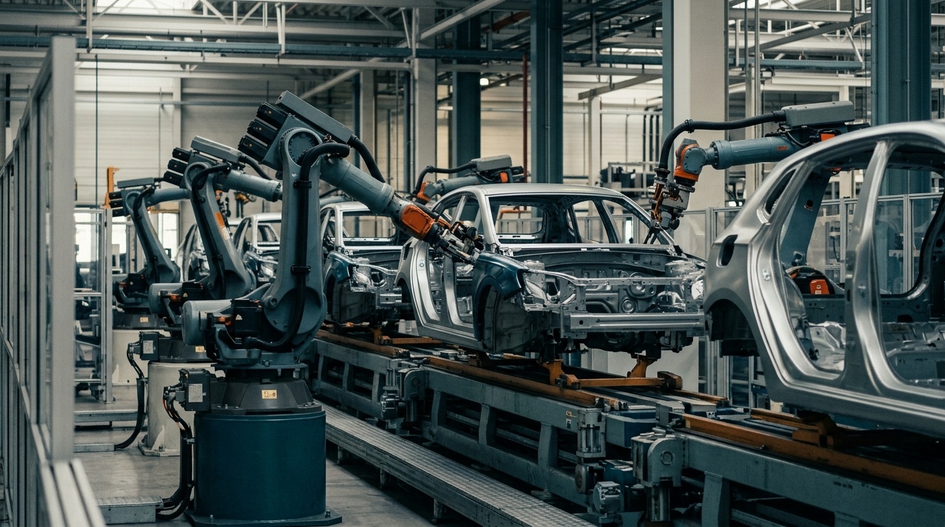 Fließband einer Automobilproduktion mit Fahrzeugkarosserien und Roboterarmen.