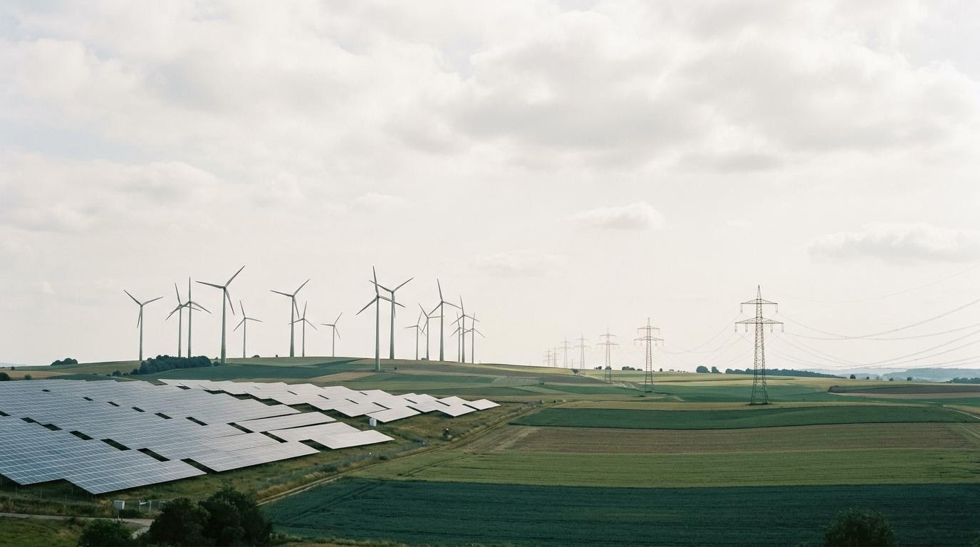 Landschaft mit Windrädern, Solarpanels und Strommasten als Sinnbild des Energiesektors.