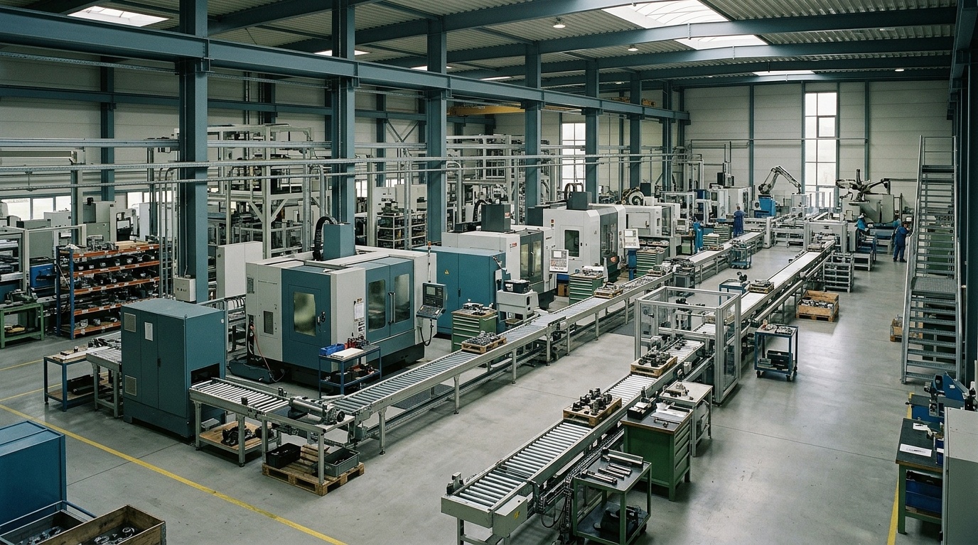 Produktionshalle mit Maschinen und Förderbändern als Sinnbild des Industriesektors.