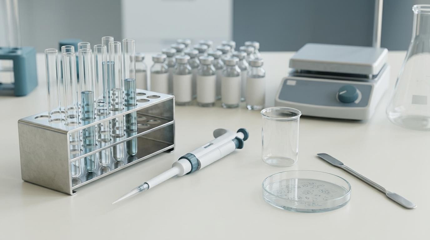 Laborumgebung mit Reagenzgläsern und medizinischen Instrumenten als Sinnbild für Pharma und Forschung.